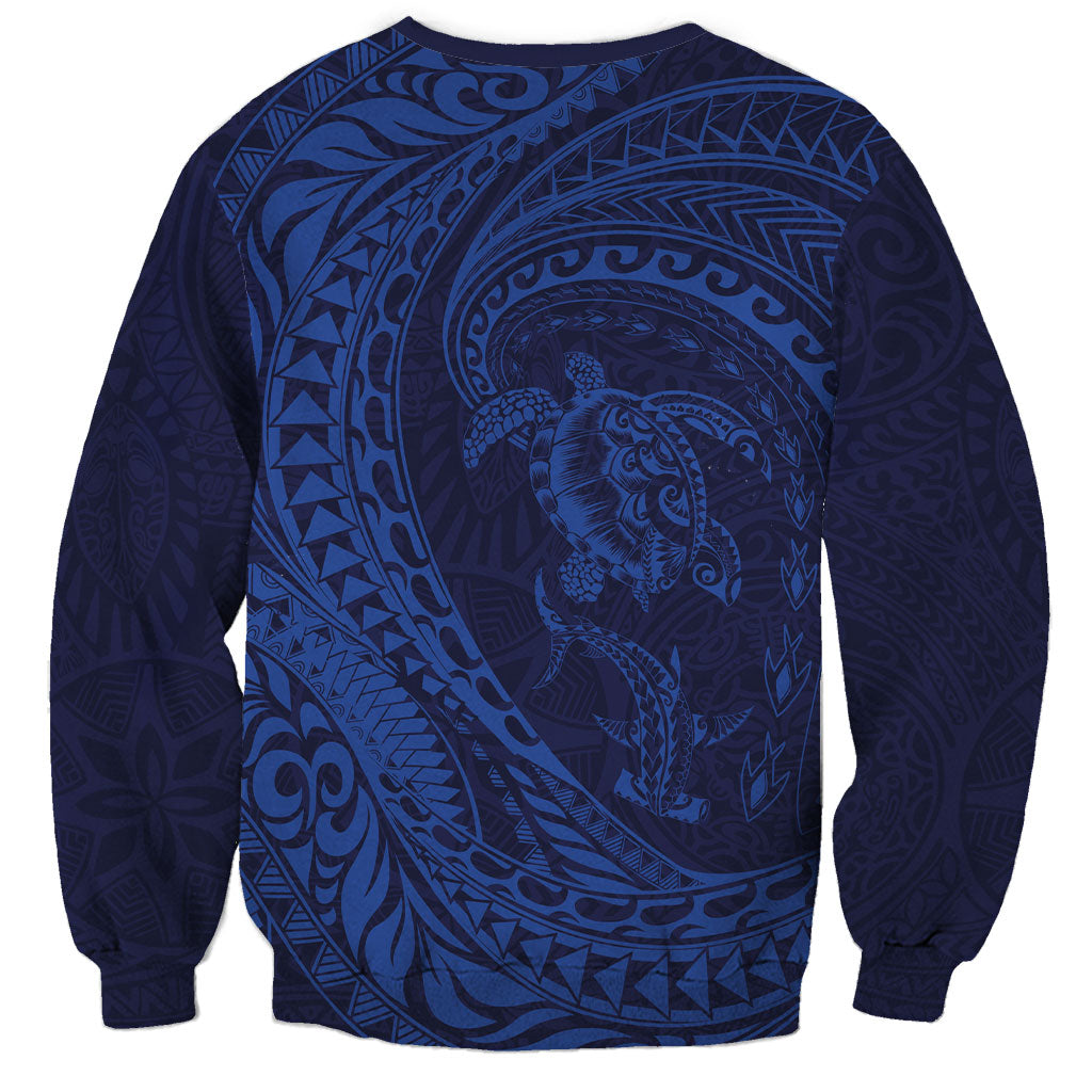 Hawaiian Turtle and Shark Sweatshirt Kakau Tribal with Polynesian Pattern Blue Color LT03 - Polynesian Pride