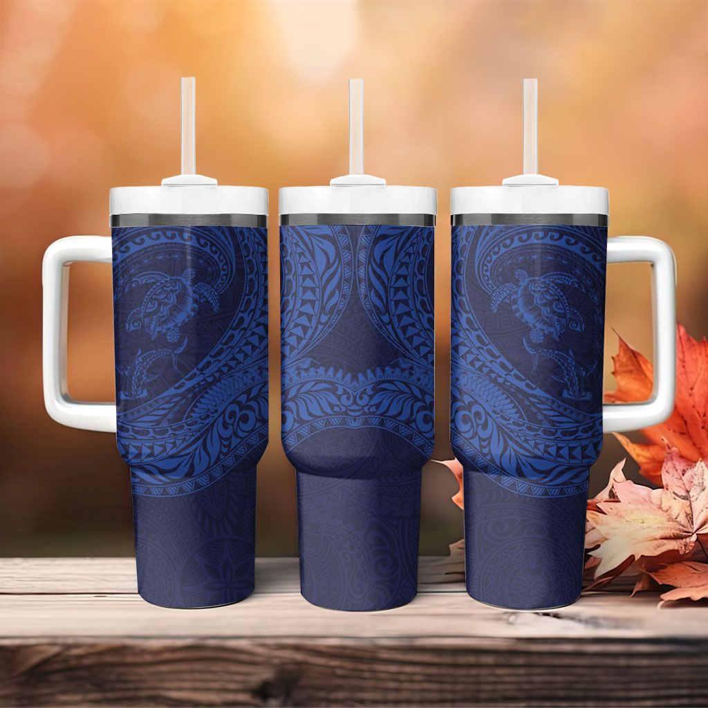Hawaiian Turtle and Shark Tumbler With Handle Kakau Tribal with Polynesian Pattern Blue Color LT03 - Polynesian Pride