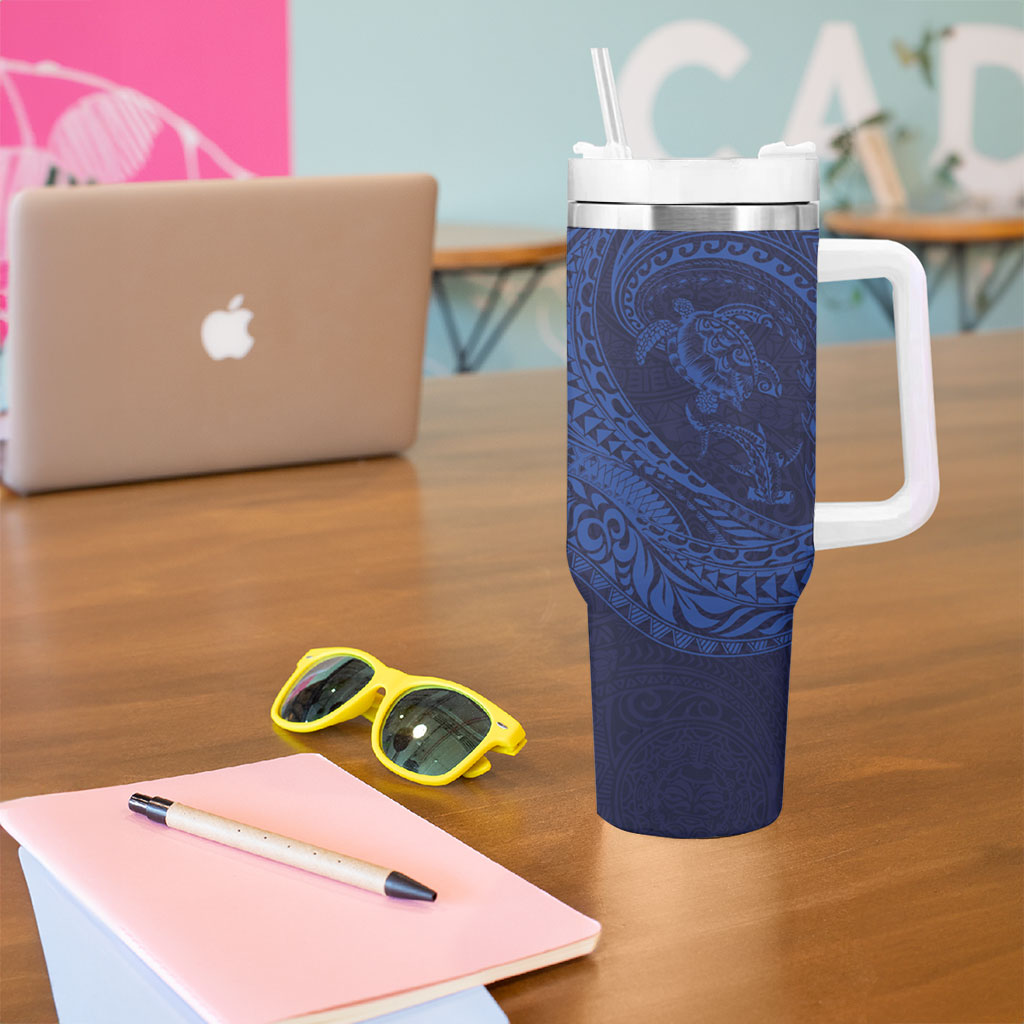 Hawaiian Turtle and Shark Tumbler With Handle Kakau Tribal with Polynesian Pattern Blue Color LT03 - Polynesian Pride