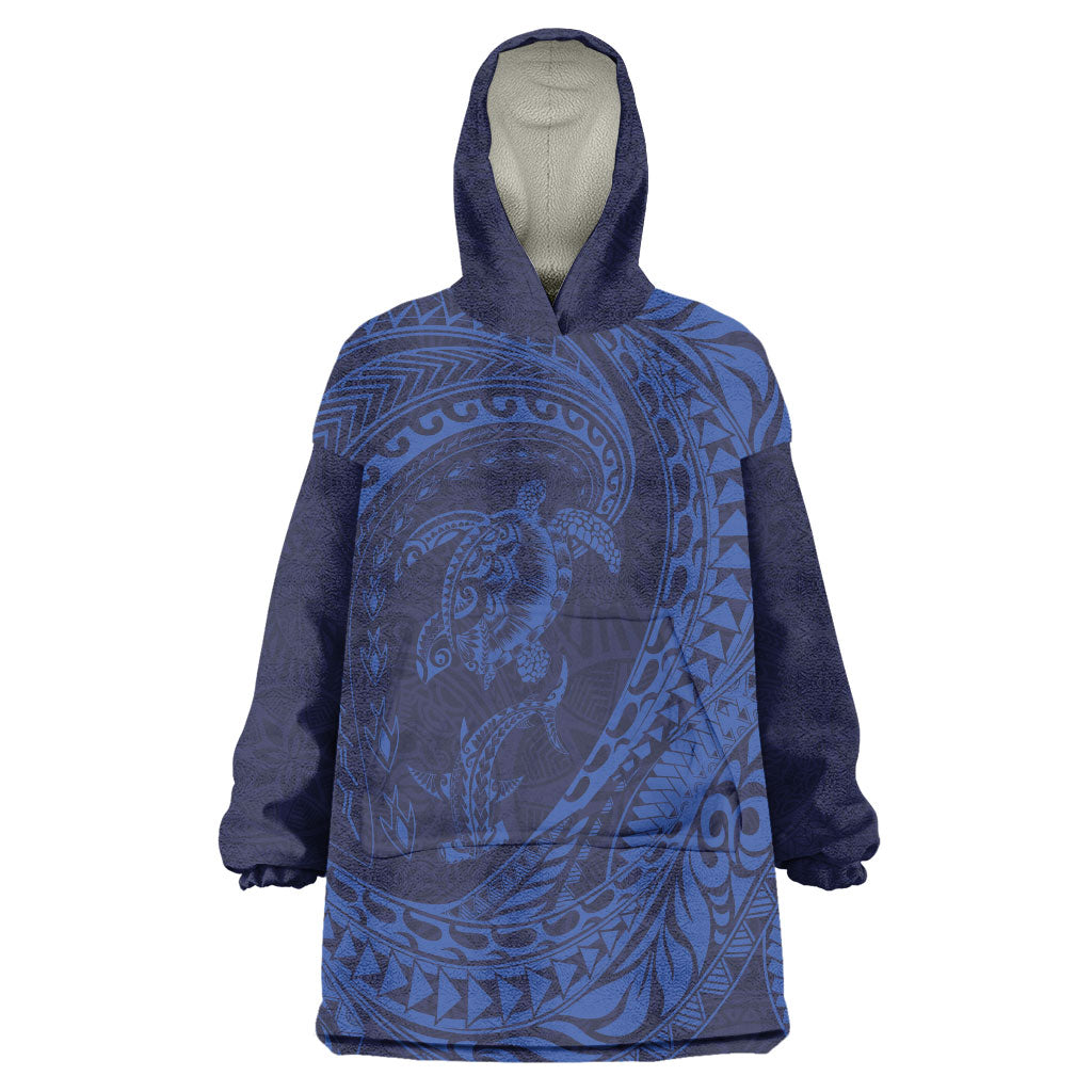 Hawaiian Turtle and Shark Wearable Blanket Hoodie Kakau Tribal with Polynesian Pattern Blue Color LT03 One Size Blue - Polynesian Pride