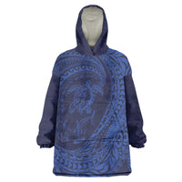 Hawaiian Turtle and Shark Wearable Blanket Hoodie Kakau Tribal with Polynesian Pattern Blue Color LT03 One Size Blue - Polynesian Pride