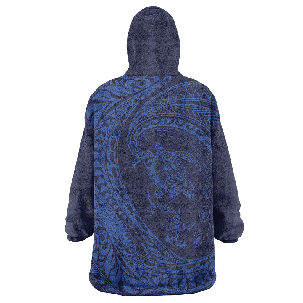 Hawaiian Turtle and Shark Wearable Blanket Hoodie Kakau Tribal with Polynesian Pattern Blue Color LT03 - Polynesian Pride