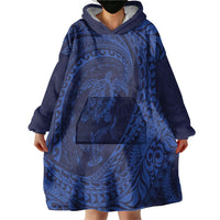 Hawaiian Turtle and Shark Wearable Blanket Hoodie Kakau Tribal with Polynesian Pattern Blue Color LT03 - Polynesian Pride