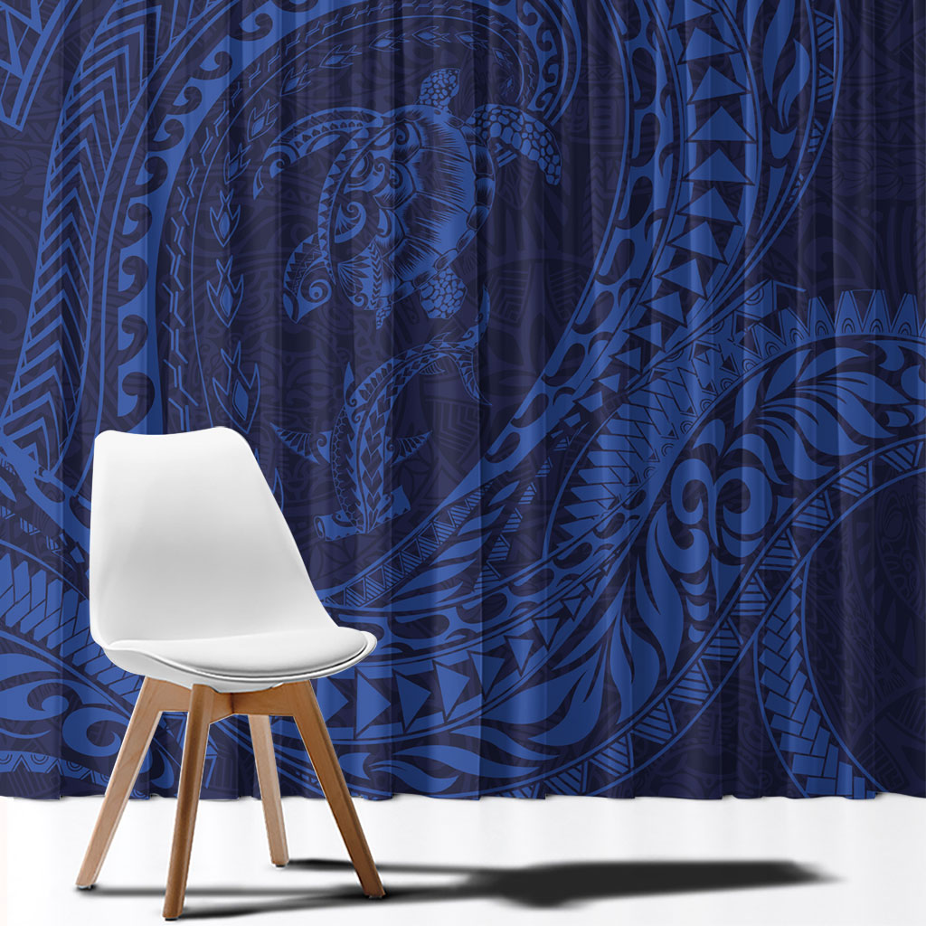 Hawaiian Turtle and Shark Window Curtain Kakau Tribal with Polynesian Pattern Blue Color LT03 - Polynesian Pride