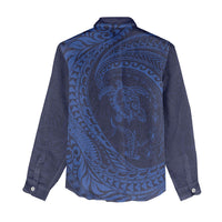 Hawaiian Turtle and Shark Women Casual Shirt Kakau Tribal with Polynesian Pattern Blue Color LT03 - Polynesian Pride