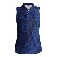 Hawaiian Turtle and Shark Women Sleeveless Polo Shirt Kakau Tribal with Polynesian Pattern Blue Color LT03 Female Blue - Polynesian Pride