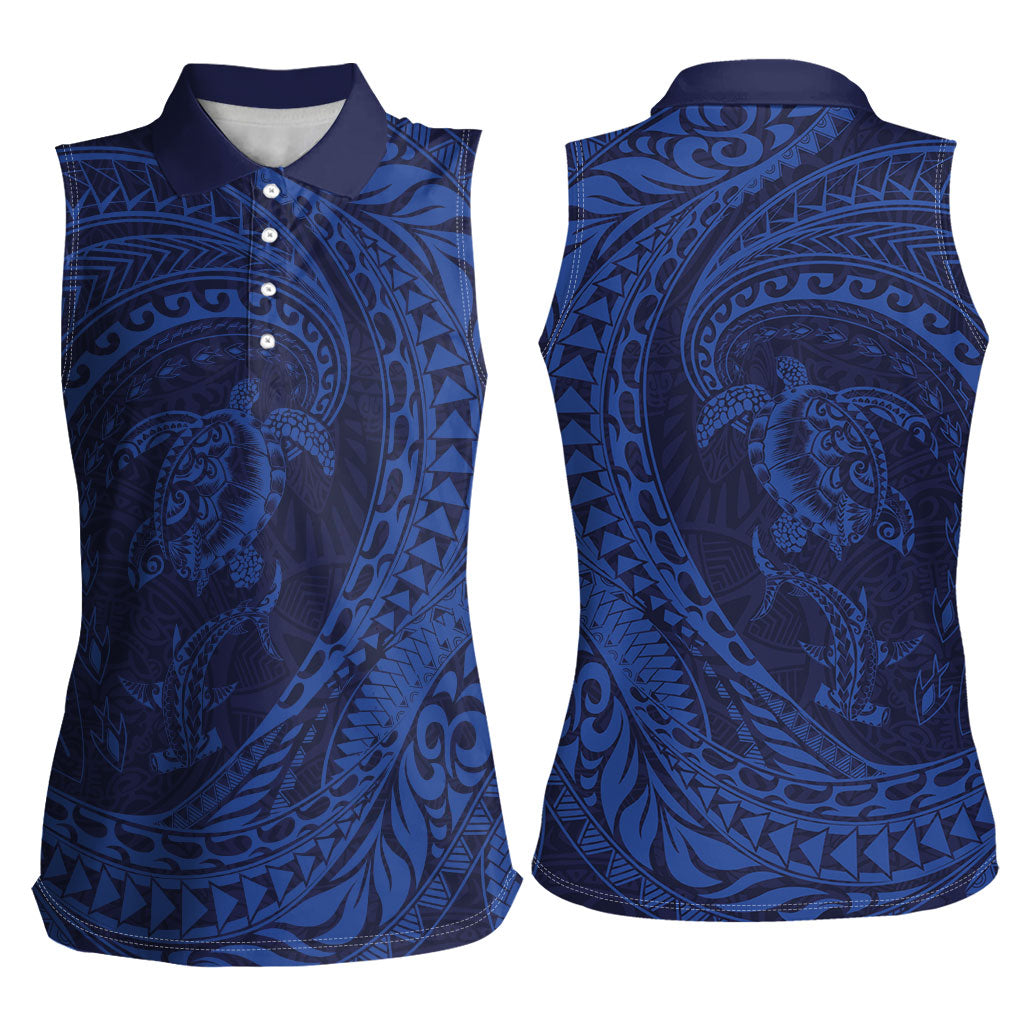 Hawaiian Turtle and Shark Women Sleeveless Polo Shirt Kakau Tribal with Polynesian Pattern Blue Color LT03 - Polynesian Pride