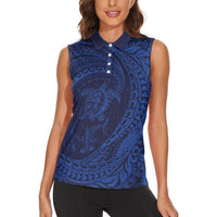 Hawaiian Turtle and Shark Women Sleeveless Polo Shirt Kakau Tribal with Polynesian Pattern Blue Color LT03 - Polynesian Pride