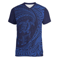 Hawaiian Turtle and Shark Women V-Neck T-Shirt Kakau Tribal with Polynesian Pattern Blue Color LT03 Female Blue - Polynesian Pride