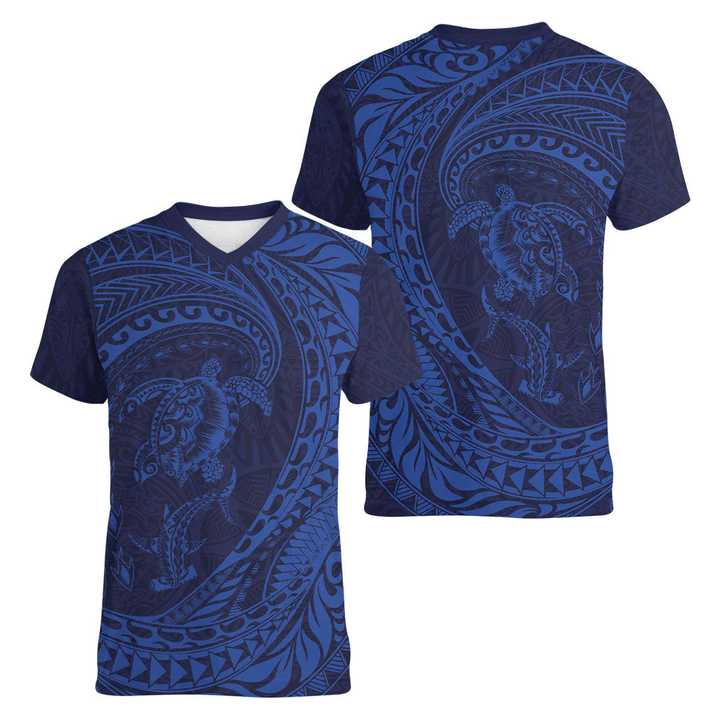Hawaiian Turtle and Shark Women V-Neck T-Shirt Kakau Tribal with Polynesian Pattern Blue Color LT03 - Polynesian Pride