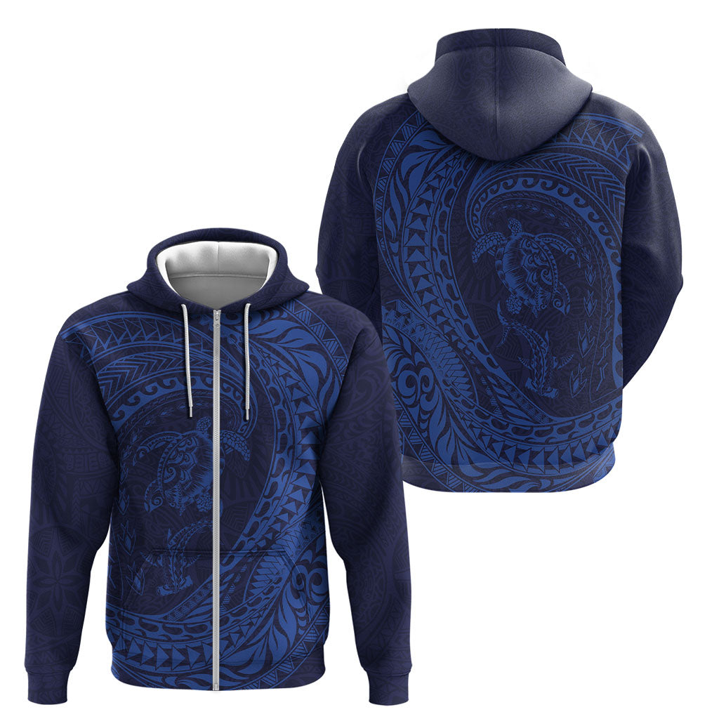 Hawaiian Turtle and Shark Zip Hoodie Kakau Tribal with Polynesian Pattern Blue Color LT03 - Polynesian Pride