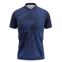 Hawaiian Turtle and Shark Zipper Polo Shirt Kakau Tribal with Polynesian Pattern Blue Color LT03 Blue - Polynesian Pride