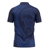 Hawaiian Turtle and Shark Zipper Polo Shirt Kakau Tribal with Polynesian Pattern Blue Color LT03 - Polynesian Pride