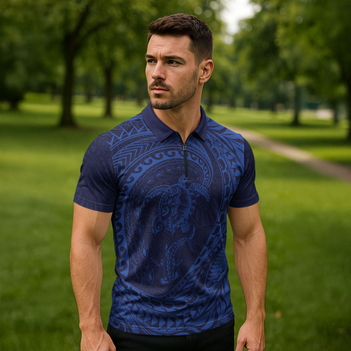 Hawaiian Turtle and Shark Zipper Polo Shirt Kakau Tribal with Polynesian Pattern Blue Color LT03 - Polynesian Pride