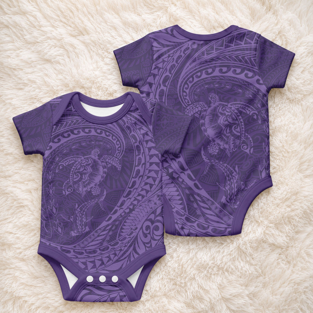Hawaiian Turtle and Shark Baby Onesie Kakau Tribal with Polynesian Pattern Purple Color