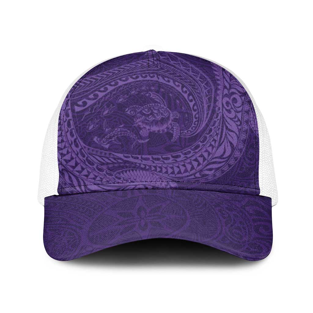 Hawaiian Turtle and Shark Baseball Net Cap Kakau Tribal with Polynesian Pattern Purple Color