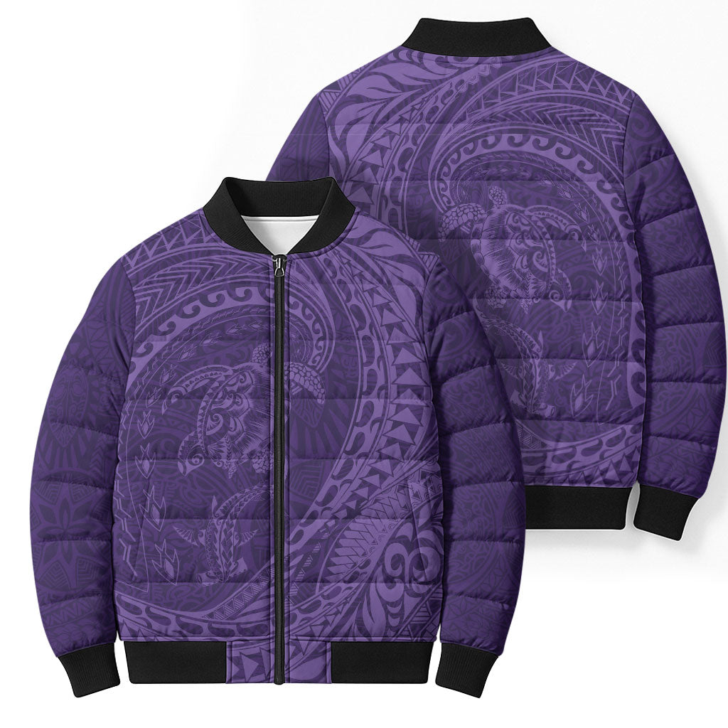 Hawaiian Turtle and Shark Bomber Puffer Jacket Kakau Tribal with Polynesian Pattern Purple Color LT03 - Polynesian Pride
