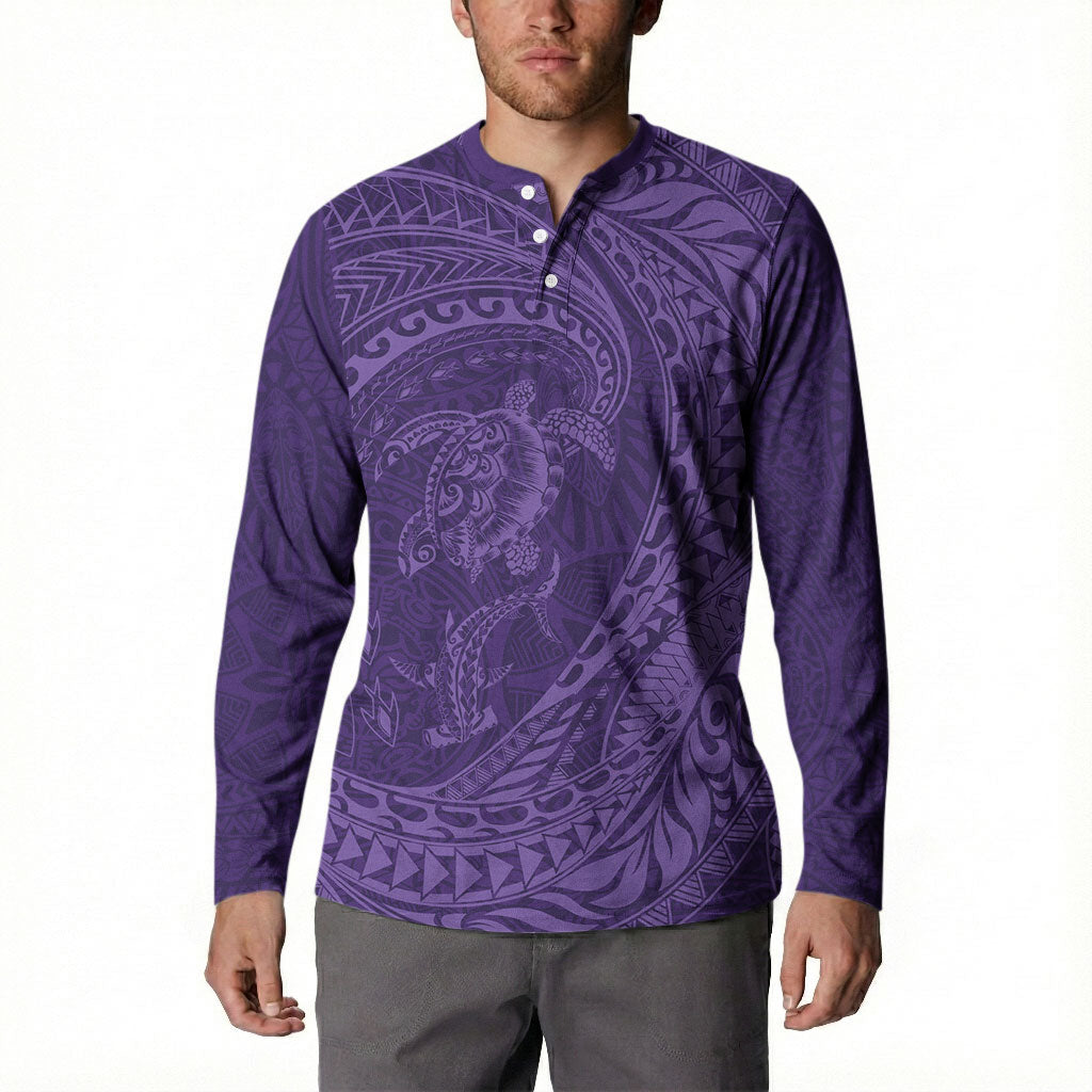 Hawaiian Turtle and Shark Button Sweatshirt Kakau Tribal with Polynesian Pattern Purple Color LT03 - Polynesian Pride