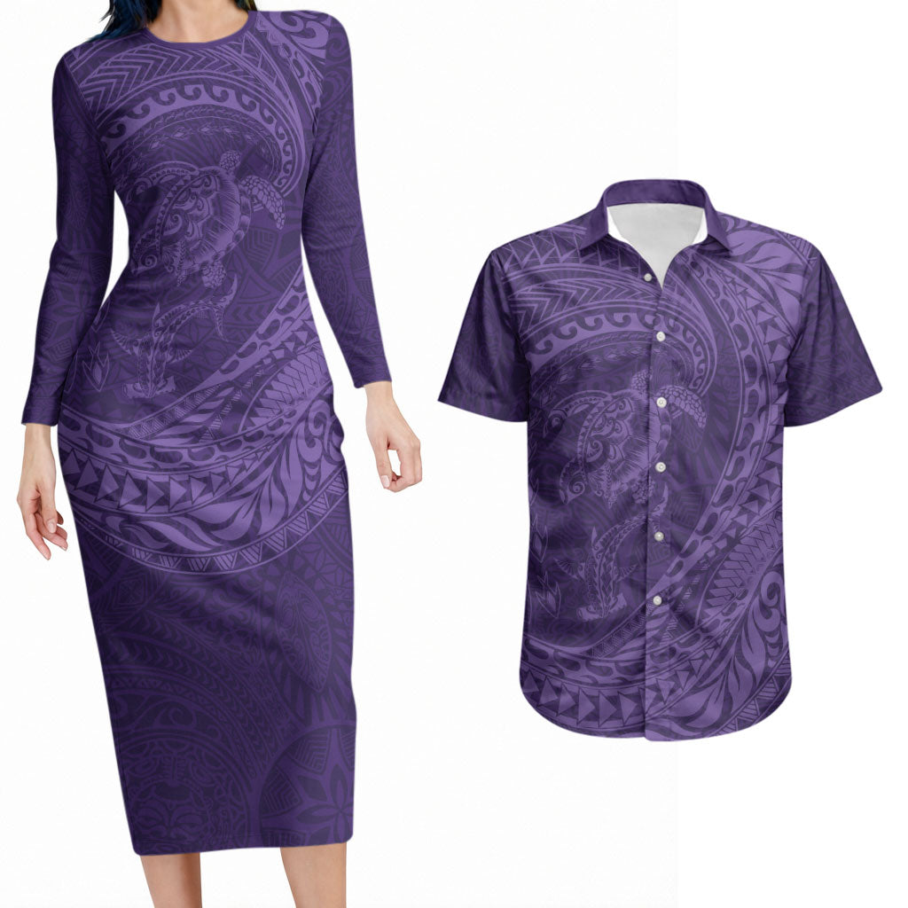 Hawaiian Turtle and Shark Couples Matching Long Sleeve Bodycon Dress and Hawaiian Shirt Kakau Tribal with Polynesian Pattern Purple Color LT03 Purple - Polynesian Pride