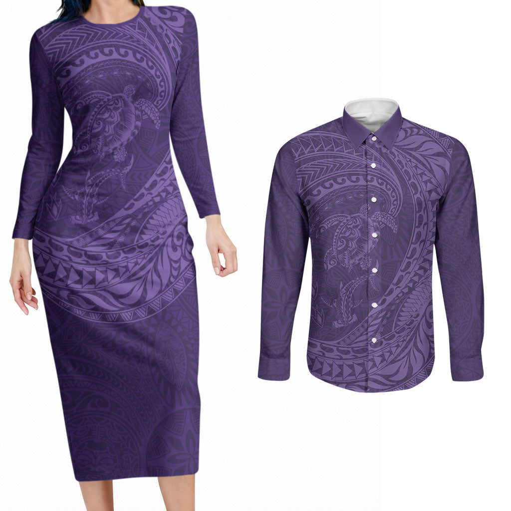 Hawaiian Turtle and Shark Couples Matching Long Sleeve Bodycon Dress and Long Sleeve Button Shirt Kakau Tribal with Polynesian Pattern Purple Color LT03 Purple - Polynesian Pride