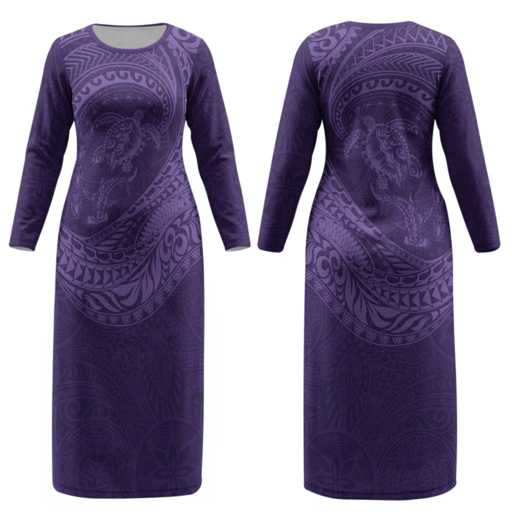 Hawaiian Turtle and Shark Couples Matching Long Sleeve Bodycon Dress and Long Sleeve Button Shirt Kakau Tribal with Polynesian Pattern Purple Color LT03 - Polynesian Pride