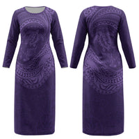 Hawaiian Turtle and Shark Couples Matching Long Sleeve Bodycon Dress and Long Sleeve Button Shirt Kakau Tribal with Polynesian Pattern Purple Color LT03 - Polynesian Pride