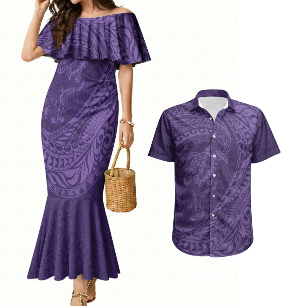 Hawaiian Turtle and Shark Couples Matching Mermaid Dress and Hawaiian Shirt Kakau Tribal with Polynesian Pattern Purple Color LT03 Purple - Polynesian Pride