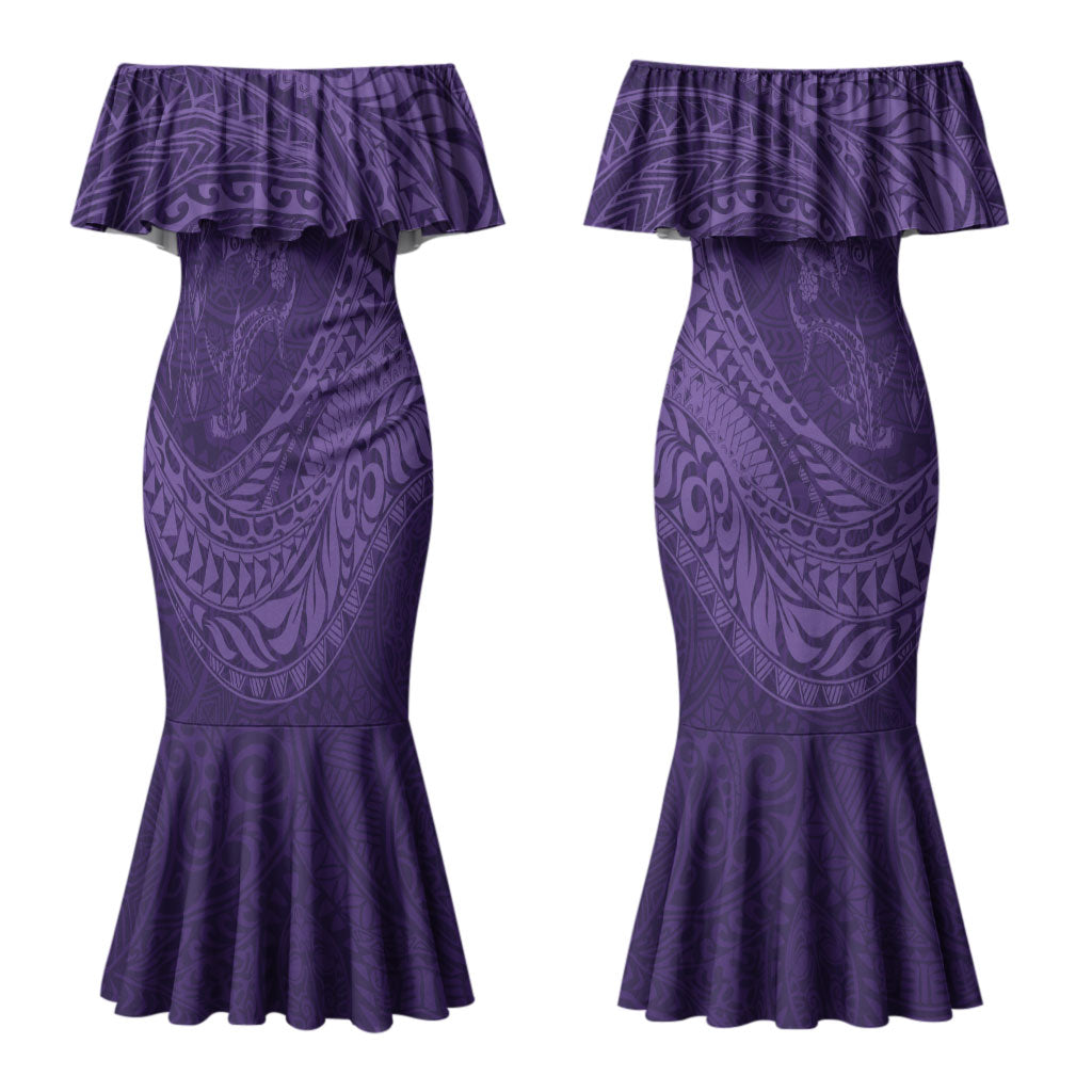 Hawaiian Turtle and Shark Couples Matching Mermaid Dress and Long Sleeve Button Shirt Kakau Tribal with Polynesian Pattern Purple Color LT03 - Polynesian Pride