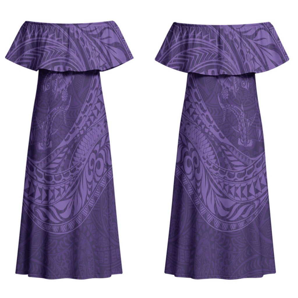 Hawaiian Turtle and Shark Couples Matching Off Shoulder Maxi Dress and Hawaiian Shirt Kakau Tribal with Polynesian Pattern Purple Color LT03 - Polynesian Pride
