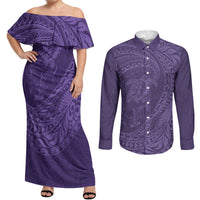 Hawaiian Turtle and Shark Couples Matching Off Shoulder Maxi Dress and Long Sleeve Button Shirt Kakau Tribal with Polynesian Pattern Purple Color LT03 Purple - Polynesian Pride
