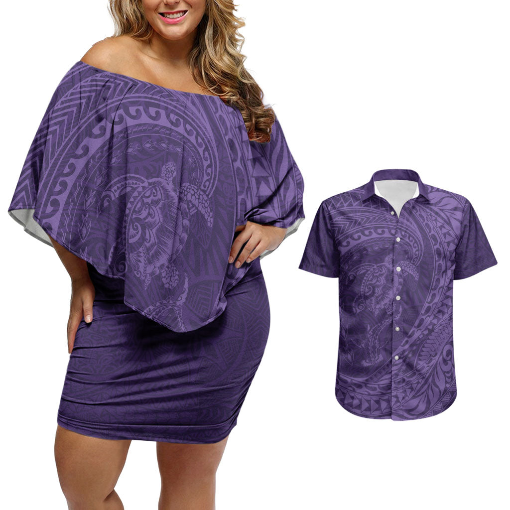 Hawaiian Turtle and Shark Couples Matching Off Shoulder Short Dress and Hawaiian Shirt Kakau Tribal with Polynesian Pattern Purple Color LT03 Purple - Polynesian Pride
