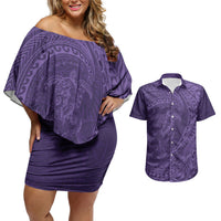 Hawaiian Turtle and Shark Couples Matching Off Shoulder Short Dress and Hawaiian Shirt Kakau Tribal with Polynesian Pattern Purple Color LT03 Purple - Polynesian Pride