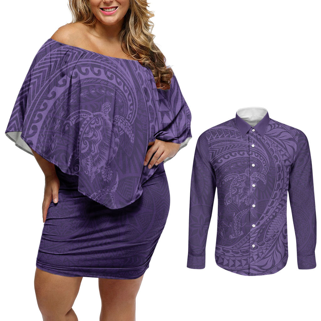 Hawaiian Turtle and Shark Couples Matching Off Shoulder Short Dress and Long Sleeve Button Shirt Kakau Tribal with Polynesian Pattern Purple Color LT03 Purple - Polynesian Pride