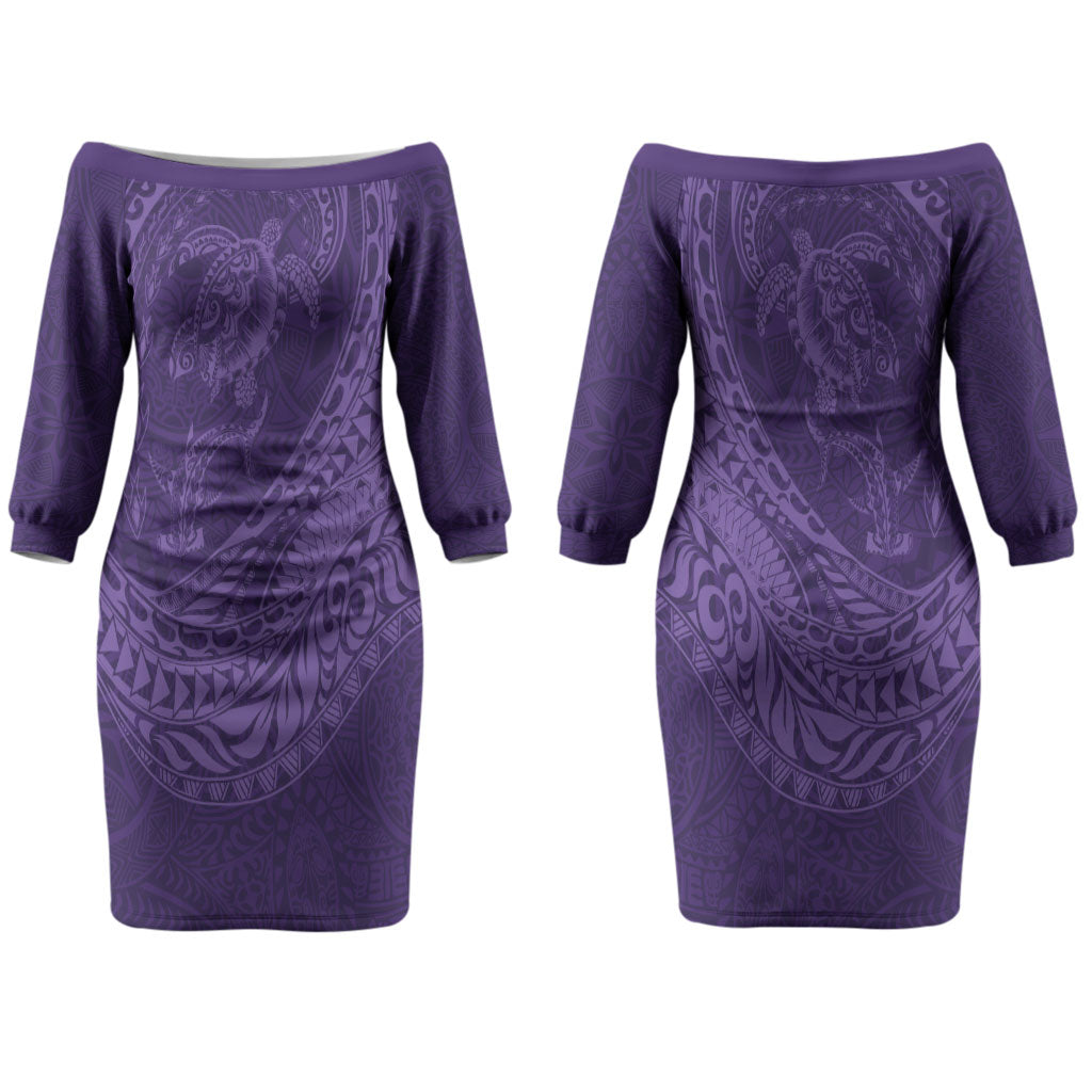 Hawaiian Turtle and Shark Couples Matching Off The Shoulder Long Sleeve Dress and Long Sleeve Button Shirt Kakau Tribal with Polynesian Pattern Purple Color LT03 - Polynesian Pride