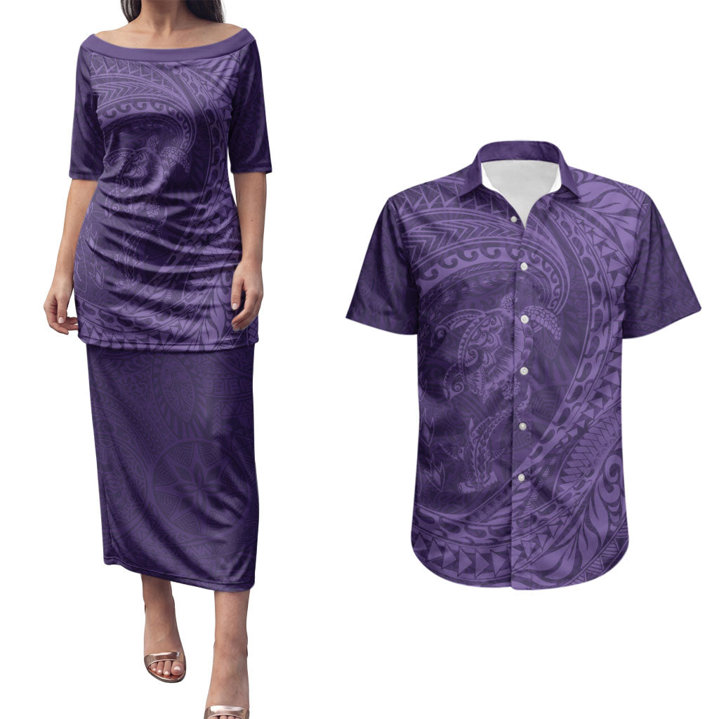 Hawaiian Turtle and Shark Couples Matching Puletasi and Hawaiian Shirt Kakau Tribal with Polynesian Pattern Purple Color LT03 Purple - Polynesian Pride