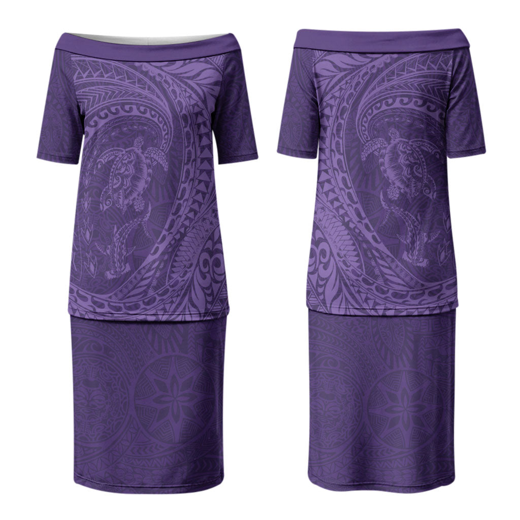 Hawaiian Turtle and Shark Couples Matching Puletasi and Hawaiian Shirt Kakau Tribal with Polynesian Pattern Purple Color LT03 - Polynesian Pride
