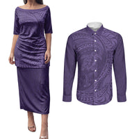 Hawaiian Turtle and Shark Couples Matching Puletasi and Long Sleeve Button Shirt Kakau Tribal with Polynesian Pattern Purple Color LT03 Purple - Polynesian Pride