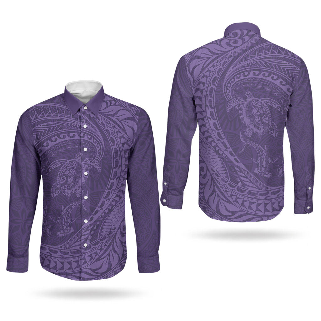 Hawaiian Turtle and Shark Couples Matching Puletasi and Long Sleeve Button Shirt Kakau Tribal with Polynesian Pattern Purple Color LT03 - Polynesian Pride