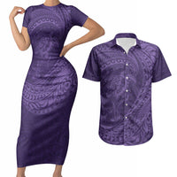 Hawaiian Turtle and Shark Couples Matching Short Sleeve Bodycon Dress and Hawaiian Shirt Kakau Tribal with Polynesian Pattern Purple Color LT03 Purple - Polynesian Pride