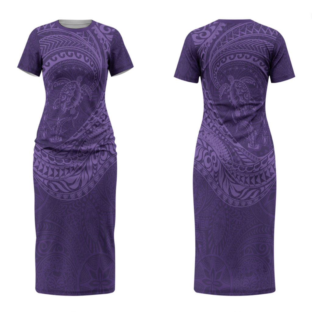 Hawaiian Turtle and Shark Couples Matching Short Sleeve Bodycon Dress and Hawaiian Shirt Kakau Tribal with Polynesian Pattern Purple Color LT03 - Polynesian Pride