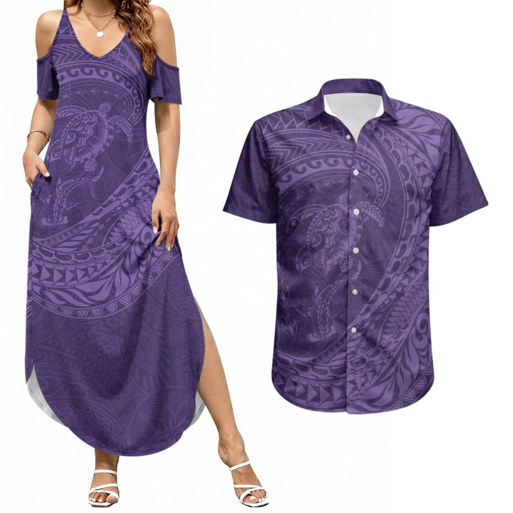 Hawaiian Turtle and Shark Couples Matching Summer Maxi Dress and Hawaiian Shirt Kakau Tribal with Polynesian Pattern Purple Color LT03 Purple - Polynesian Pride