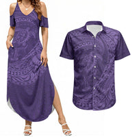 Hawaiian Turtle and Shark Couples Matching Summer Maxi Dress and Hawaiian Shirt Kakau Tribal with Polynesian Pattern Purple Color LT03 Purple - Polynesian Pride