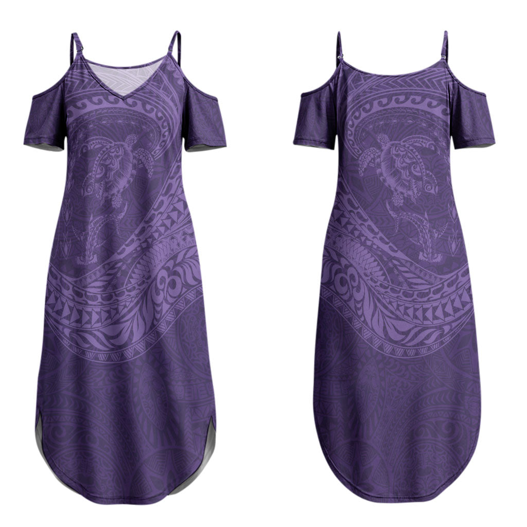Hawaiian Turtle and Shark Couples Matching Summer Maxi Dress and Hawaiian Shirt Kakau Tribal with Polynesian Pattern Purple Color LT03 - Polynesian Pride