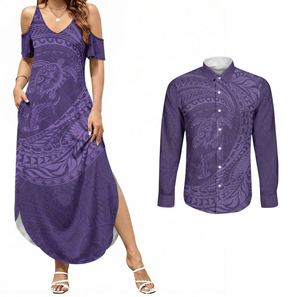 Hawaiian Turtle and Shark Couples Matching Summer Maxi Dress and Long Sleeve Button Shirt Kakau Tribal with Polynesian Pattern Purple Color LT03 Purple - Polynesian Pride