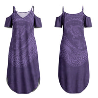 Hawaiian Turtle and Shark Couples Matching Summer Maxi Dress and Long Sleeve Button Shirt Kakau Tribal with Polynesian Pattern Purple Color LT03 - Polynesian Pride