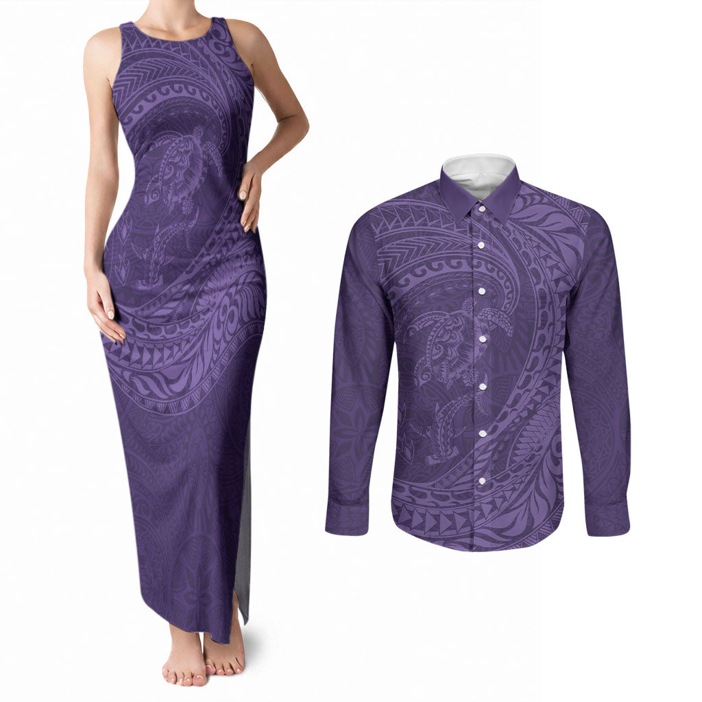 Hawaiian Turtle and Shark Couples Matching Tank Maxi Dress and Long Sleeve Button Shirt Kakau Tribal with Polynesian Pattern Purple Color LT03 Purple - Polynesian Pride