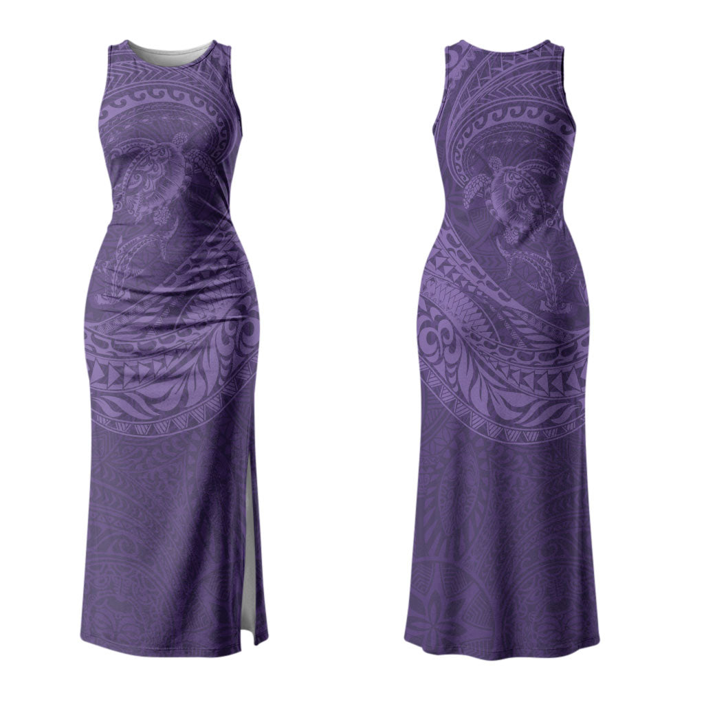 Hawaiian Turtle and Shark Couples Matching Tank Maxi Dress and Long Sleeve Button Shirt Kakau Tribal with Polynesian Pattern Purple Color LT03 - Polynesian Pride