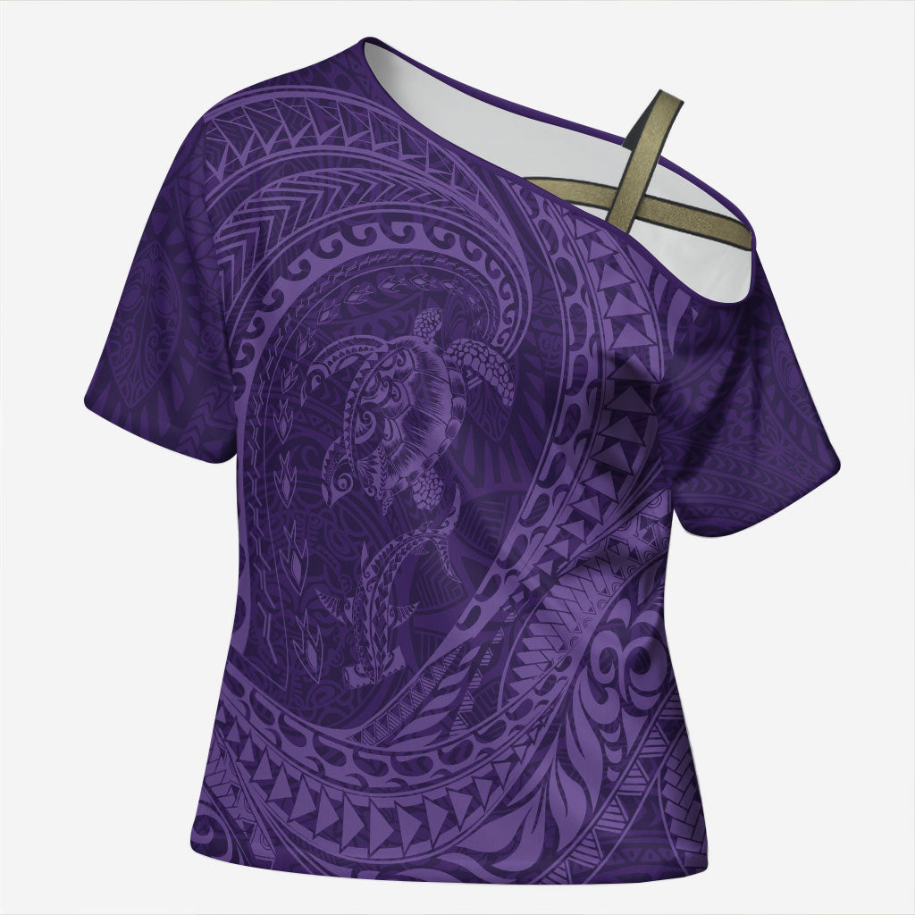 Hawaiian Turtle and Shark Cross Shoulder Shirt Kakau Tribal with Polynesian Pattern Purple Color LT03 Female Purple - Polynesian Pride