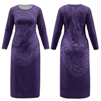 Hawaiian Turtle and Shark Family Matching Long Sleeve Bodycon Dress and Hawaiian Shirt Kakau Tribal with Polynesian Pattern Purple Color LT03 Mom's Dress Purple - Polynesian Pride