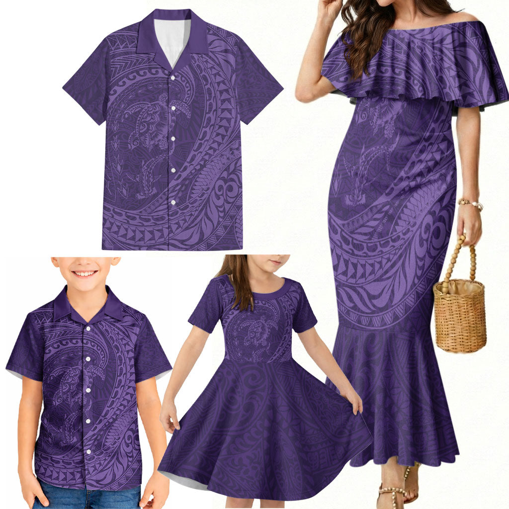 Hawaiian Turtle and Shark Family Matching Mermaid Dress and Hawaiian Shirt Kakau Tribal with Polynesian Pattern Purple Color LT03 - Polynesian Pride